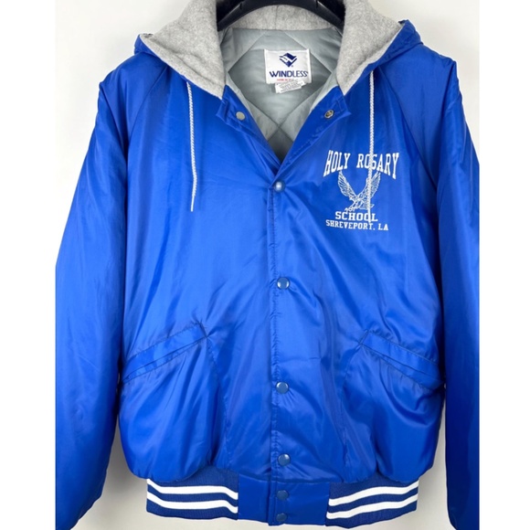 Vintage ‘Windless’ Hooded School Varsity Sporty Windbreaker Coat in Blue • M/L - Picture 5 of 9